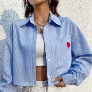 Striped Print Heart Embroidery Cropped Blouse - XS NEVER WORN